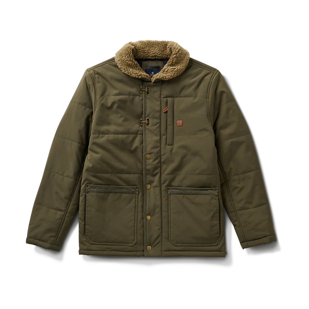 Green jacket with fur-lined hood