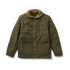 Green jacket with fur-lined hood