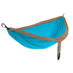 A blue ENO DoubleNest hammock with brown tones and aluminum carabiners.